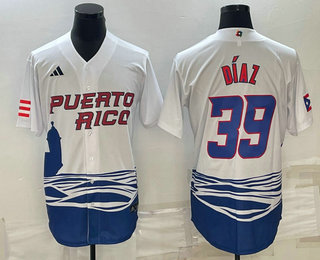 Men%27s Puerto Rico Baseball #39 Edwin Diaz 2023 White World Baseball Classic Stitched Jersey